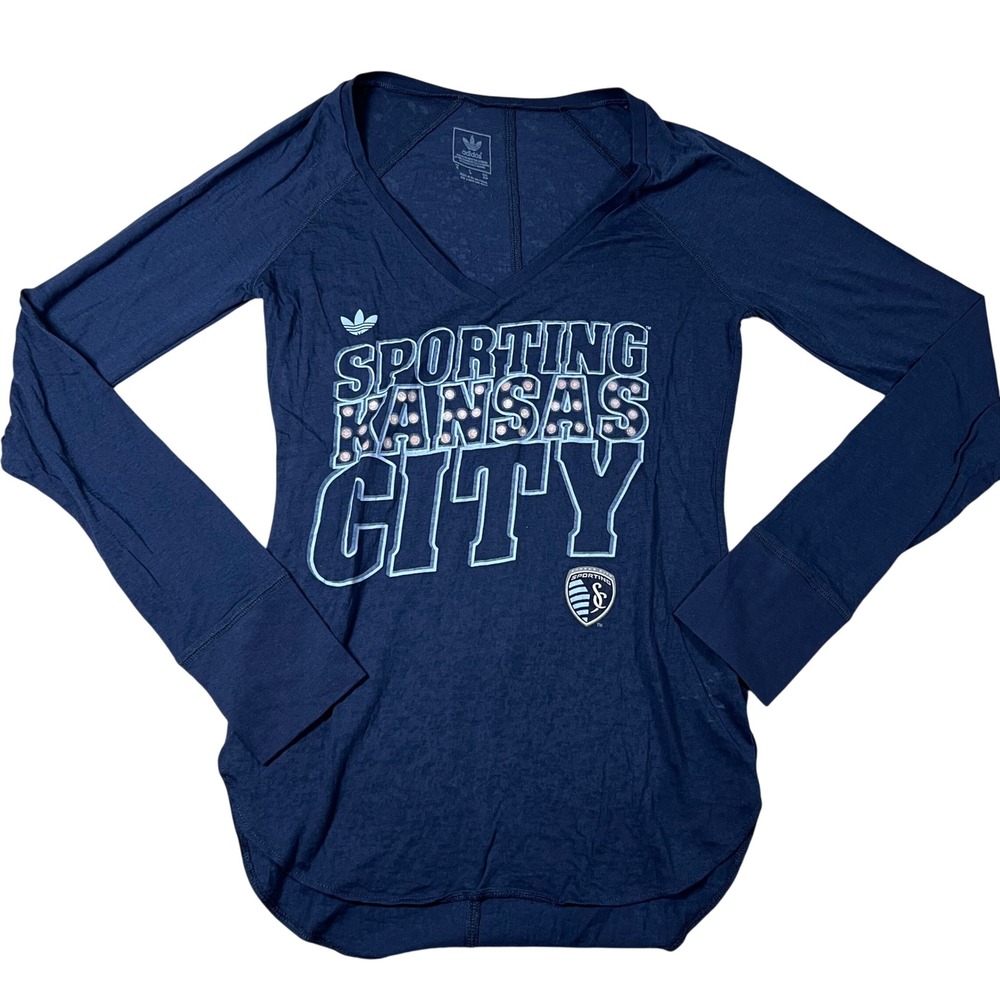 Adidas Sporting Kansas City Women Long Sleeve V-Neck Burnout Graphic Tee Navy S